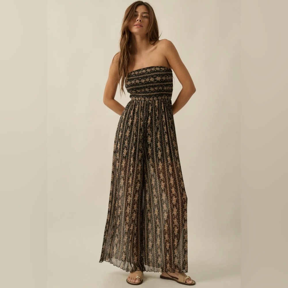 Strapless Smocked Wide-Leg Jumpsuit in Black and Tan